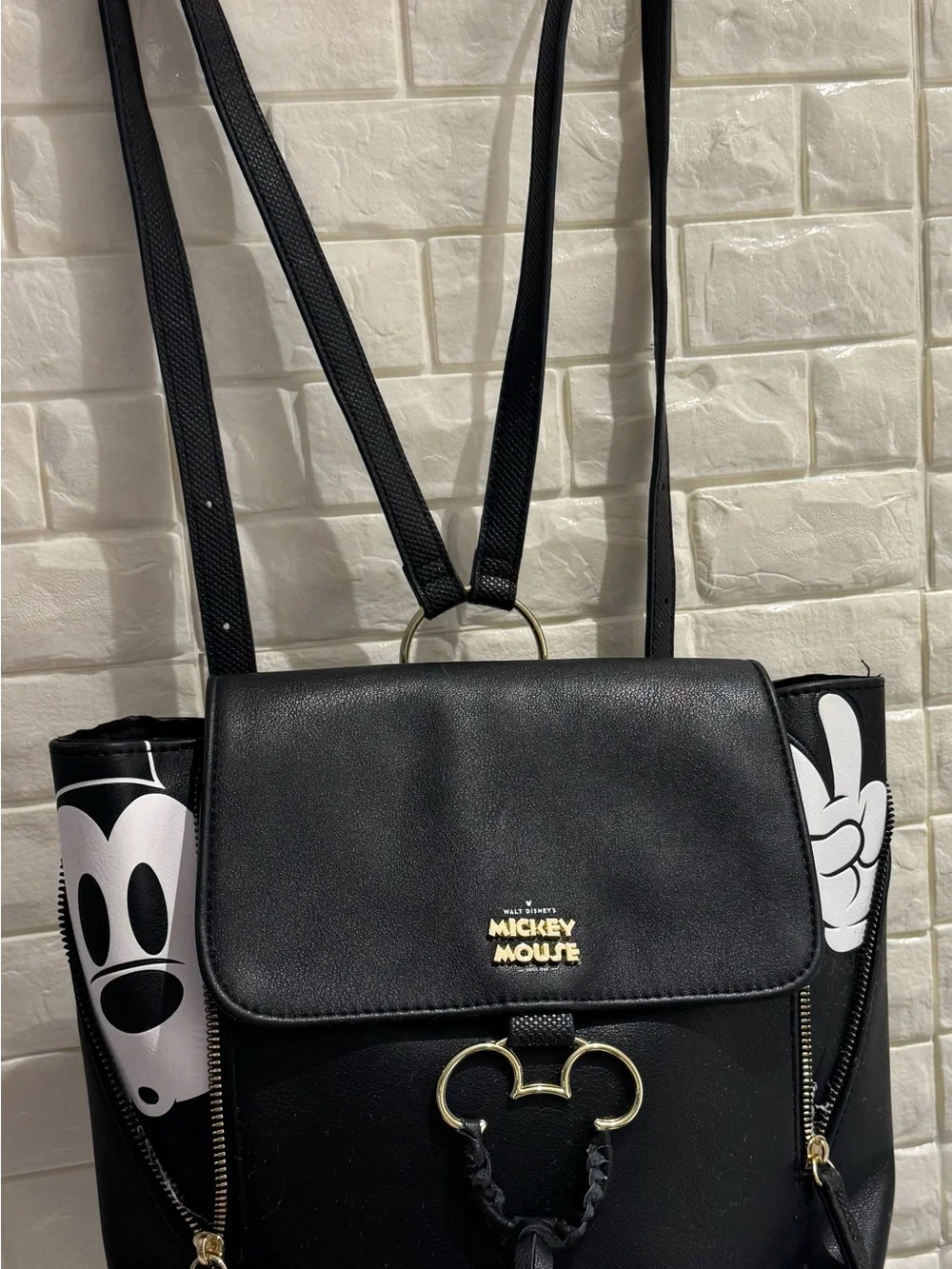 Disney Black Faux Leather Mickey Backpack with Gold Accents